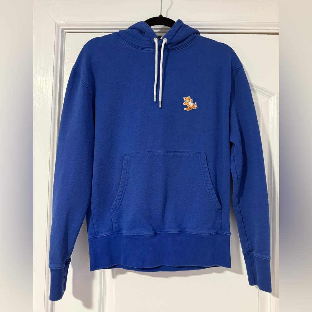 MAISON KITSUNE Royal Blue Hoodie with Fox Patch. Size small
